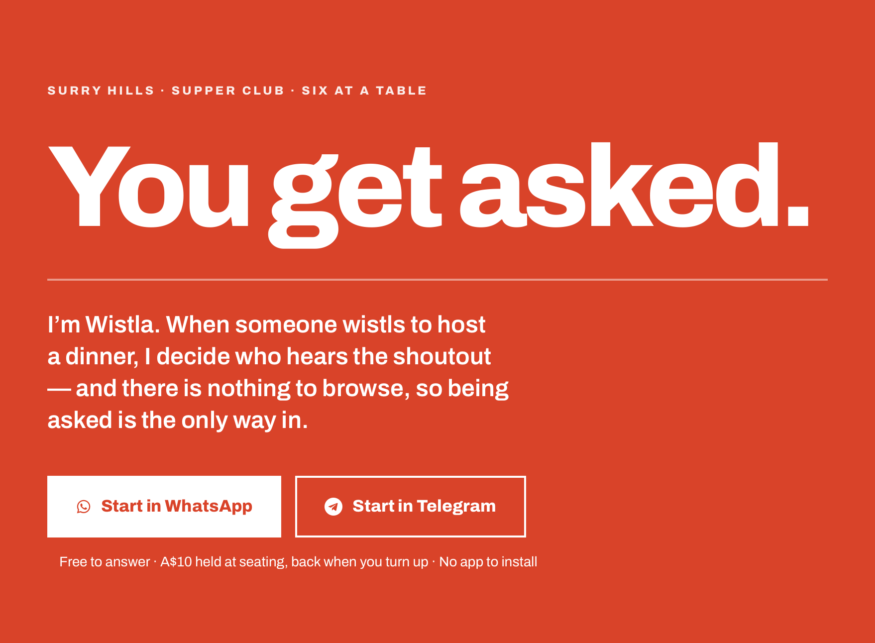 The Wistla landing page: &ldquo;You get asked.&rdquo; — a Surry Hills supper club shoutout, with buttons to start in WhatsApp or Telegram
